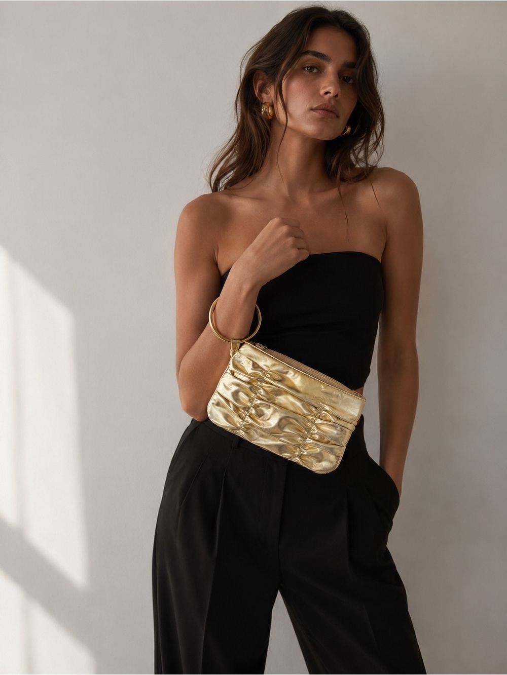 ALDO Metallic Gold Ruched Clutch Wristlet Evening Bag